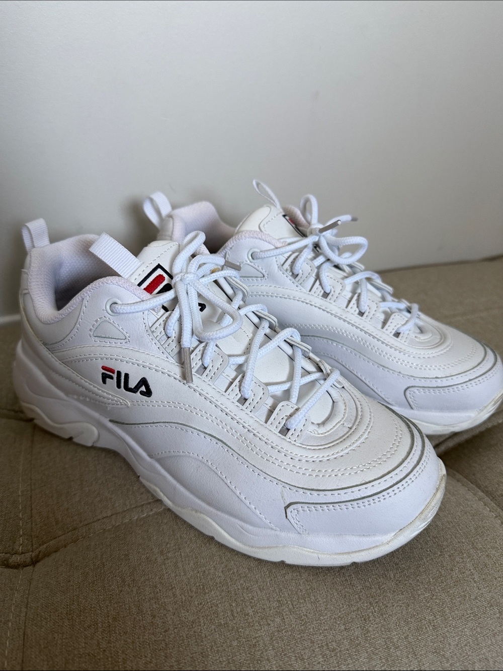 FILA White Leather Chunky Lace-Up Sneakers with Red-Black Logo